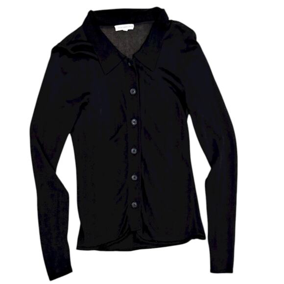 Good American Sheer Button-up Polo Shirt In Black - Picture 3 of 7